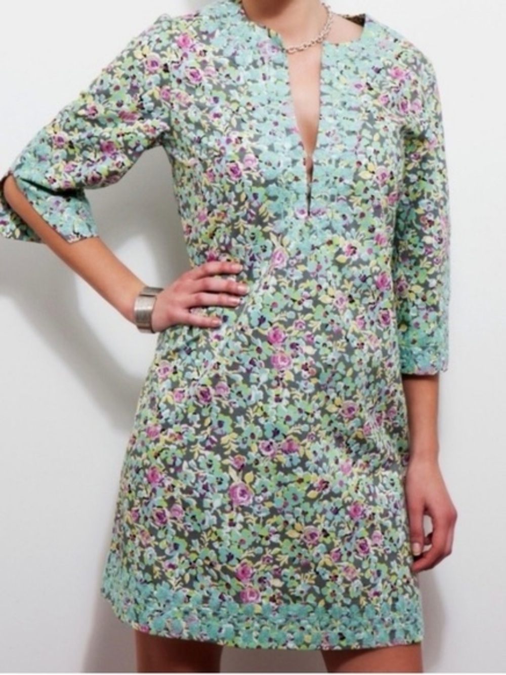 Tyler Boe Mint Shift Dress with Pink and Yellow Floral Print